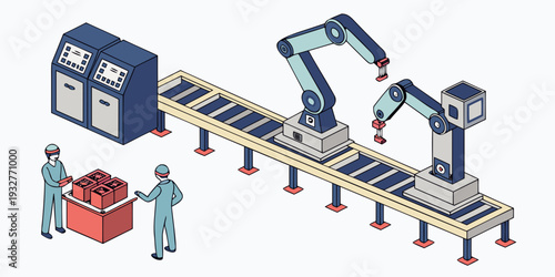 Automated manufacturing process with robotic arms and conveyor belt system