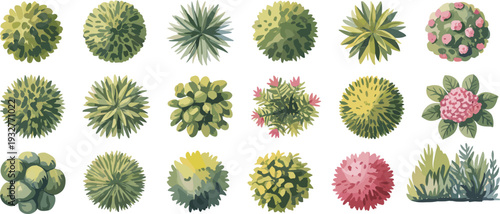 Collection of 18 stylized top‑down bushes and shrubs in diverse foliage shapes, colors, and textures for landscape design, gardening, and botanical illustration projects