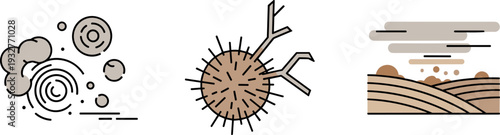 Set of icons representing dust, pollen, and soil erosion in a minimalist style