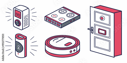 Various smart home devices including a thermostat, doorbell, vacuum, and alarm system.