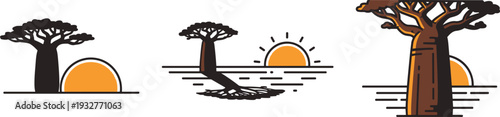 Collection of stylized baobab trees at sunset, minimalist vector art