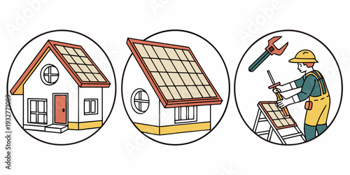 Illustrations of a house, solar panels, and a person working on a roof.