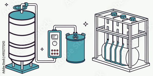 Illustration of industrial water treatment process with filtration systems
