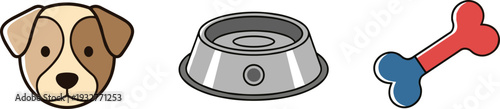 Cute cartoon dog face, food bowl, and bone illustration on white background