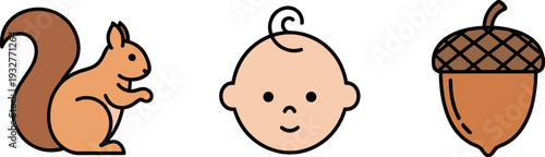 Cute cartoon squirrel, baby face, and acorn icons on a white background