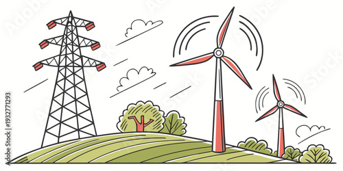 Wind turbines and power lines illustrate renewable energy generation and distribution.