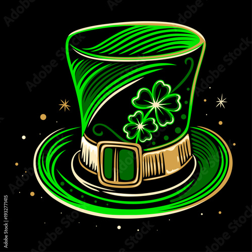 St Patricks Day Zylinder mit Kleeblatt Vektor. Dieser grüne Leprechaun Hut mit Kleeblatt ist eine St Patricks Day Vektor Illustration auf schwarzem Hintergrund.