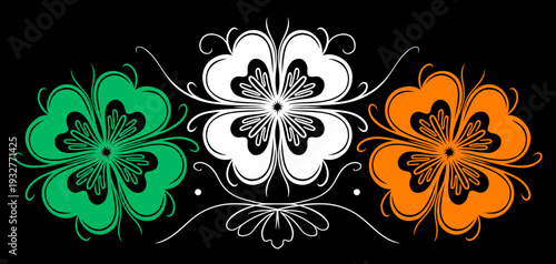 Dieses Kleeblatt Motiv zeigt die Farben der irischen Flagge als St Patricks Day Vektor Illustration auf schwarzem Hintergrund.