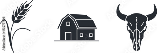 Iconic symbols of rural life: wheat stalk, barn, and bull skull on white background