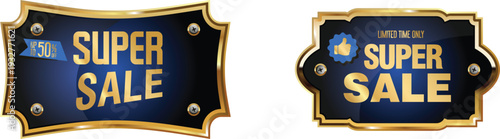 Two identical super sale signs with gold trim and blue background