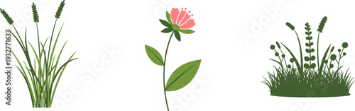 Collection of stylized green grass and a single pink flower on a white background
