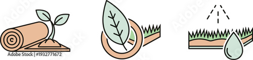 Gardening and lawn care icons: sod, leaf, and watering symbols