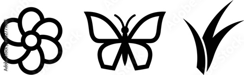 Simple black icons of a flower, butterfly, and grass blades on a white background