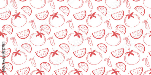 Ripe tomato fruits seamless pattern. Red hand ripened whole tomatoes, slices, and leaves on white background. Healthy organic food print for textiles, packaging, and design. Vector graphic