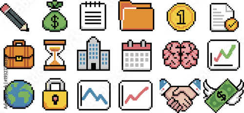 Pixel art business and finance icon set, retro 8 bit money chart calendar handshake globe security symbols