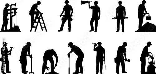 Construction worker silhouettes set, professional builders with tools, industrial labor team collection, handyman contractor black vector illustration isolated