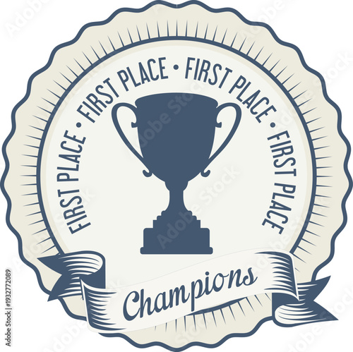 A blue and white first place trophy seal with a ribbon