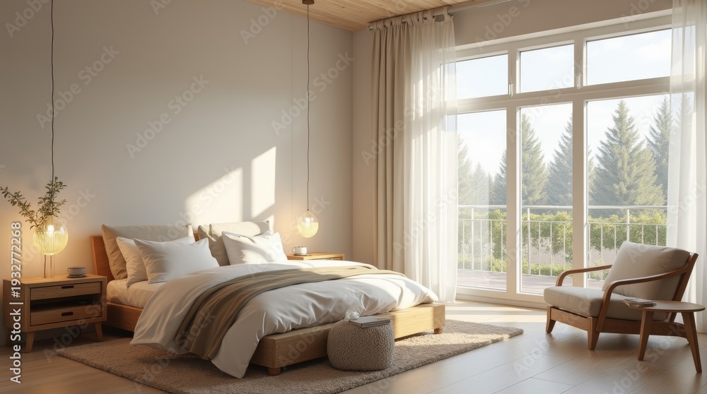 Fototapeta premium modern bed room with big wondow