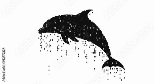 Playful dolphin silhouette leaps from the water, composed of shimmering droplets