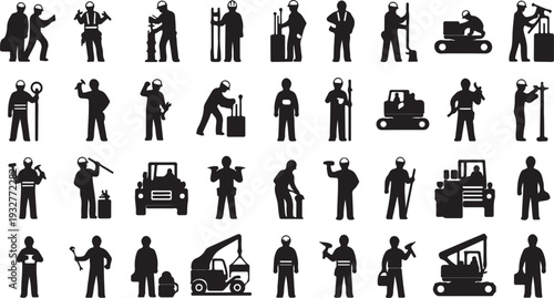 Set of various black silhouette construction worker and heavy machinery icons. Vector illustration. isolated PNG with Transparent Background
