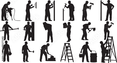 Set of Construction Worker and Handyman Silhouettes Vector Icons isolated PNG with Transparent Background