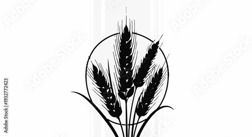 Stylized graphic of wheat stalks within a circular frame symbolizing agriculture and harvest