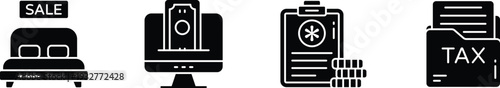 Black and white icons of sale, atm, safe and tax
