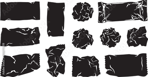 Set of black crumpled paper balls and torn scraps silhouettes. Vector wrinkled trash, ripped tape, and paper edges texture collection.