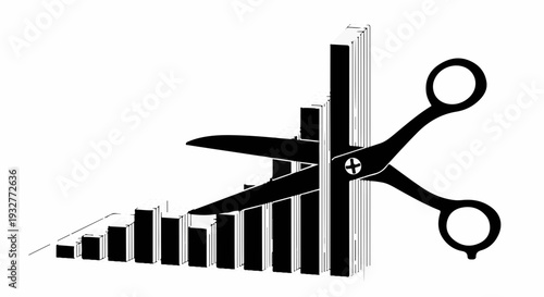 Scissors cutting rising bar graph symbolizing reduction or financial cutbacks.