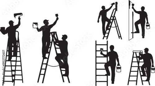 Vector Set of Painter Silhouettes on Ladders Painting Walls with Rollers and Brushes isolated PNG with Transparent Background