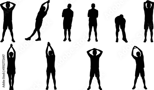 Male stretching and warm up silhouette set, fitness flexibility exercise poses isolated on white background