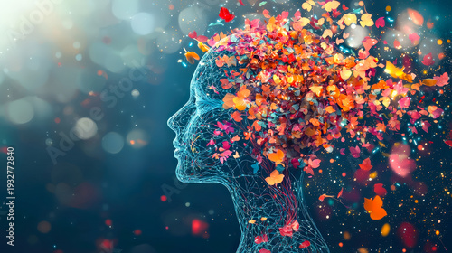 Woman's Head Made of Colorful Butterflies and Flowers in a Creative Art Concept Showing Thoughts and Emotions at Night