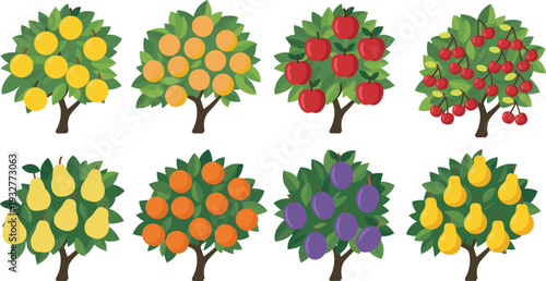 Collection of fruit trees including lemon, orange, apple, cherry, pear, and plum with colorful seasonal designs for education, agriculture, and creative illustration projects