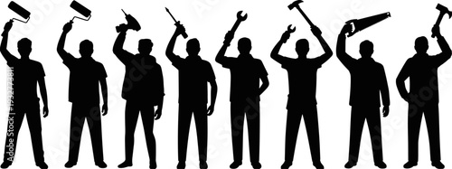 Worker silhouettes holding construction tools isolated on white background, handyman collection with hammer, wrench, drill, saw and paint roller