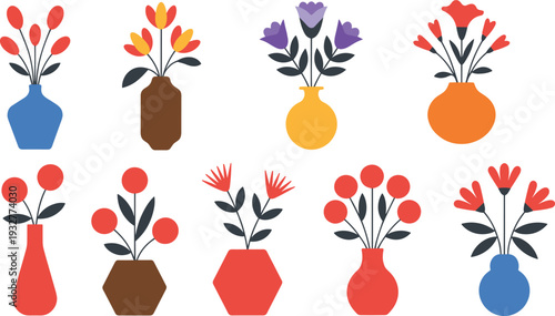 Colorful flat flower vase collection, modern decorative floral arrangements in assorted pots isolated on white background, minimalist botanical vector illustration set for home decor