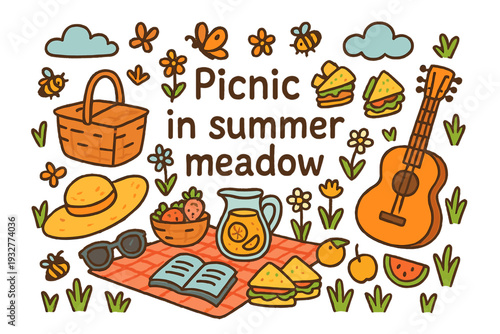 Summer Meadow Picnic. Picnic in summer meadow. Hand-drawn doodle illustration of picnic in summer meadow.