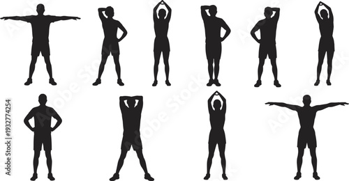 Male stretching silhouette collection, warm up exercise poses for flexibility mobility and fitness training routine