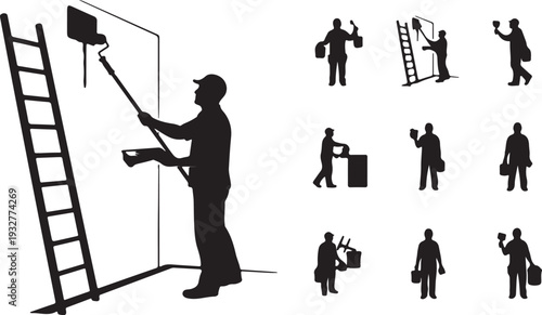 Vector Set of Painter Silhouettes with Ladder, Paint Roller, and Tools isolated PNG with Transparent Background