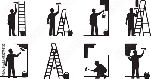 Set of Painting and Home Renovation Worker Silhouettes Vector Icons isolated PNG with Transparent Background
