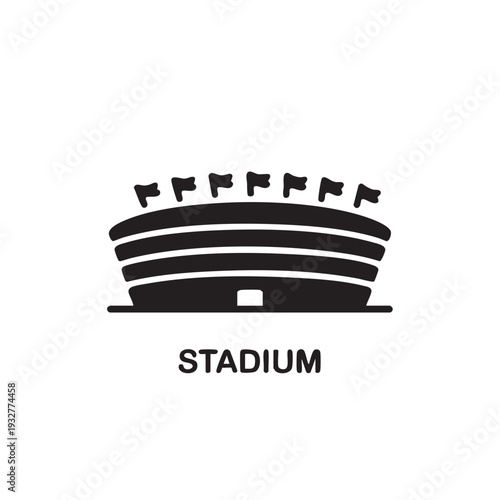 An illustration of a stadium with multiple levels and flags on top viewed from the front