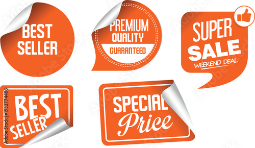 Orange best seller and super sale stickers on a white background
