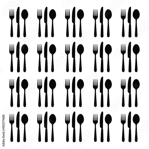 Flatware Set Pattern Fork Knife Spoon Isolated Black Silhouettes