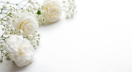 Elegant white ranunculus and babys breath flowers on a clean white background, creating a delicate and serene floral border.