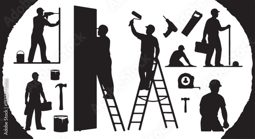 Vector Silhouettes of Construction Workers, Builders, and Renovation Tools Collection isolated PNG with Transparent Background