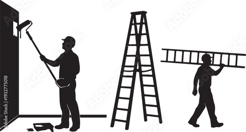 Painter man at work, stepladder, and man carrying ladder black silhouettes vector set isolated PNG with Transparent Background