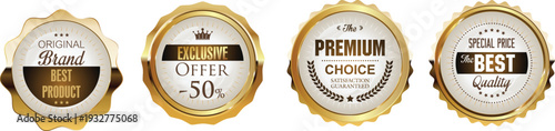 Four gold and white award badges on a white background