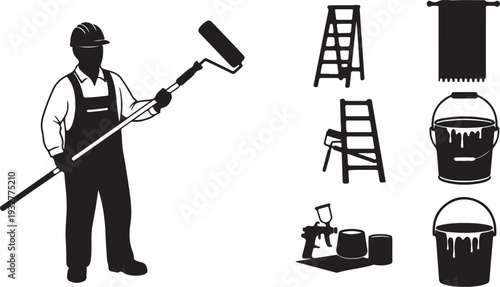 Black and white vector icon set of a painter, roller, ladders, paint buckets, and spray gun. isolated PNG with Transparent Background
