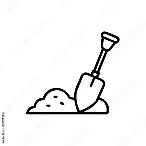 Shovel digging into a pile of dirt in minimalist line art style  