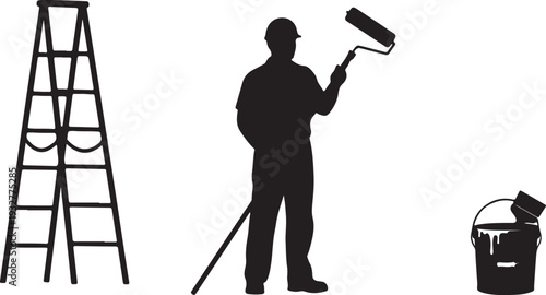 Professional Painter Silhouette with Ladder and Paint Bucket Isolated Vector Graphic isolated PNG with Transparent Background