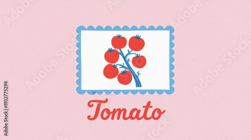A stylized illustration features a branch of ripe red tomatoes within a decorative frame